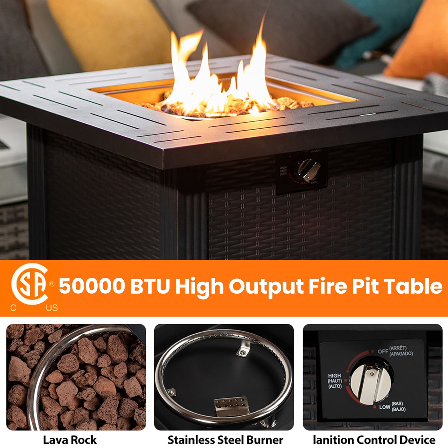 2-in-1 Propane Fire Pit Table, Outdoor Table with Fire Pit, 28" 40,000 BTU Auto-Ignition Gas Fire Pit Table with Lid & Lava Rock, Square Fire Table with Rattan Exterior for Yard Patio Garden