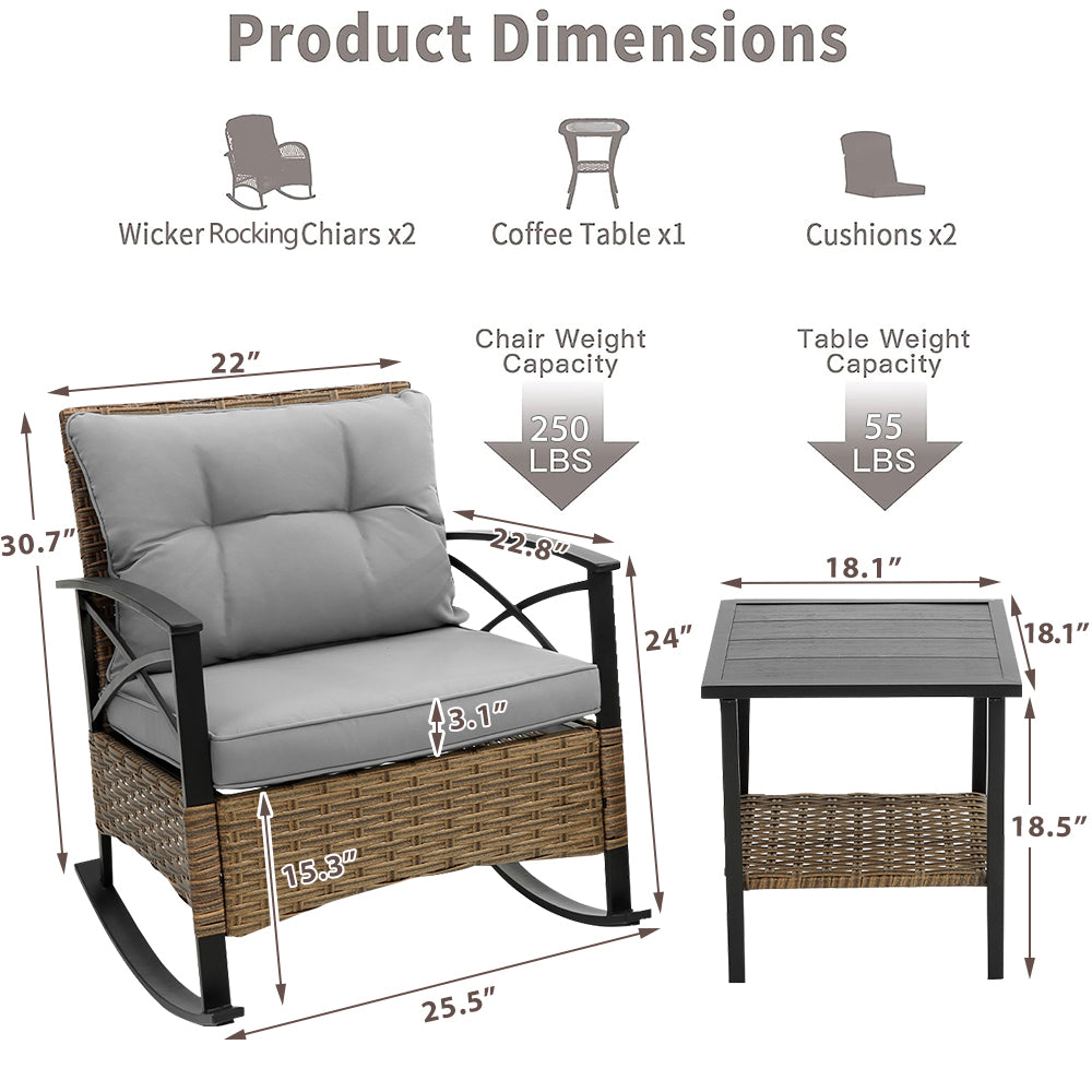 3 Pcs Patio Rocking Bistro Set, PE Wicker Bistro Set with Soft Cushion, 2 Chairs and 1 Steel Top Side Table, Outdoor Conversation Set for Patio Backyard Porches