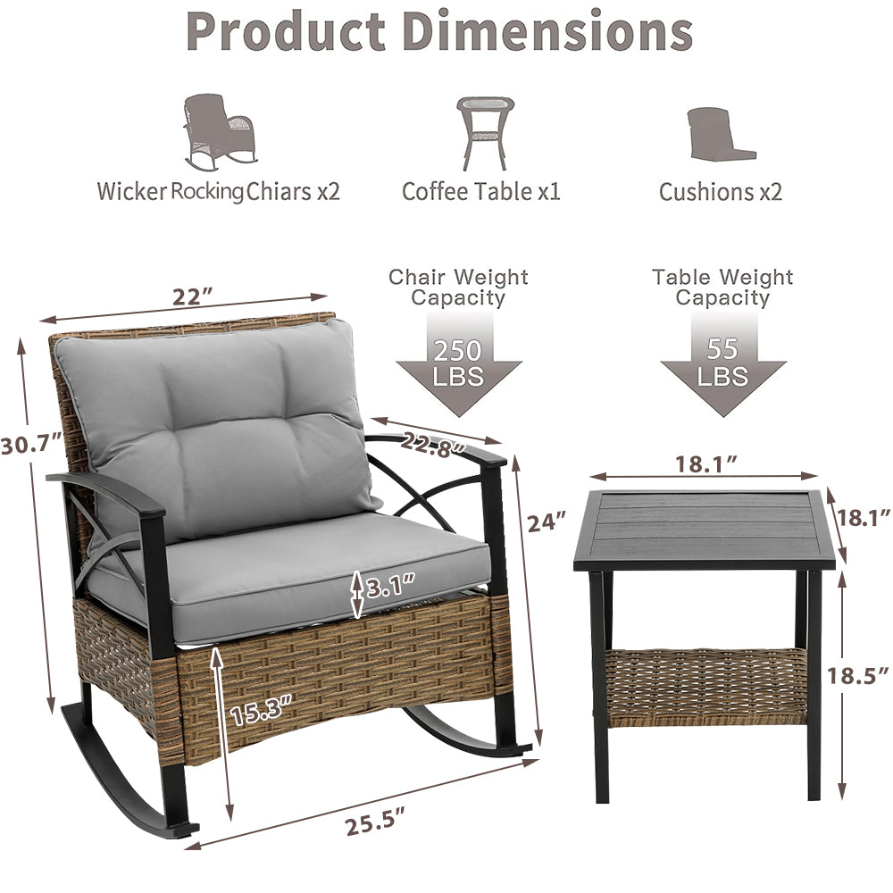 3 Piece Outdoor Rocking Bistro Set, PE Rattan Glass Top Table and Rocking Chairs Set, Outdoor Conversation Set with Cushions for 2 Persons, All-weather Bistro Set for Patio, Pool, Balcony, Pub, Cafe