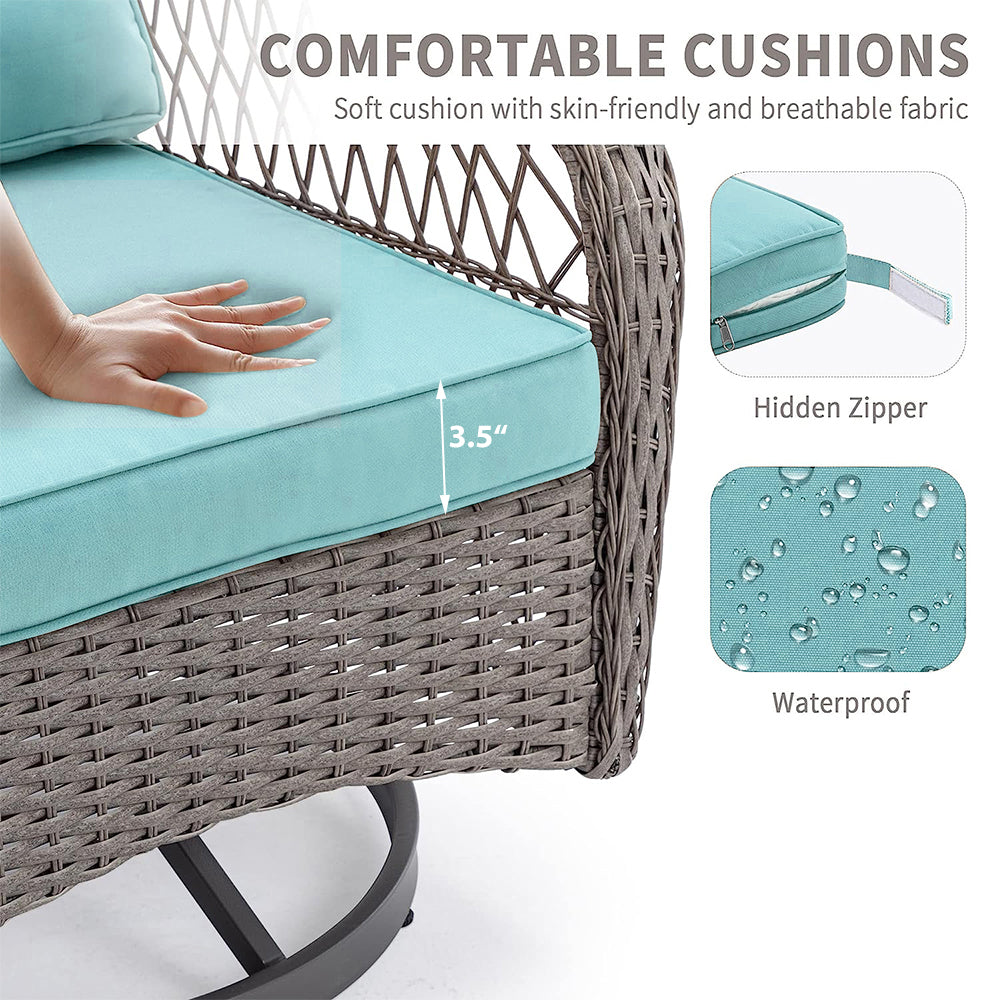 3 Piece Patio Swivel Rocker Chairs Set, 2 360-Degree Swivel Rocking Chairs with 1 Glass Top Table, PE Rattan Outdoor Bistro Set with Cushions for Balcony Deck Poolside Backyard Porch