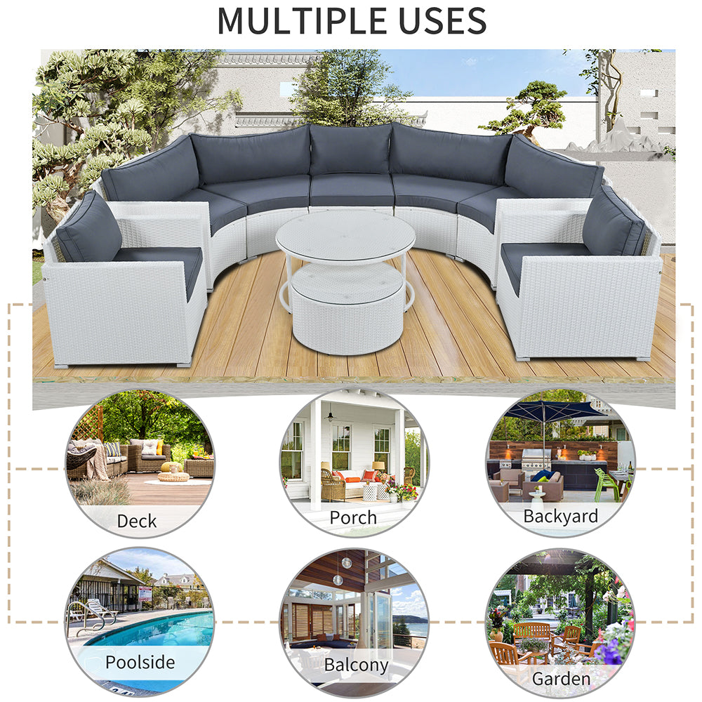 9 Piece Patio Furniture Set, Half-Moon Sectional Furniture Sofa Set with 2 Free Overlapping Tables, PE Rattan Round Sofa Set, Outdoor Conversation Set for Patio Pool Yard Garden