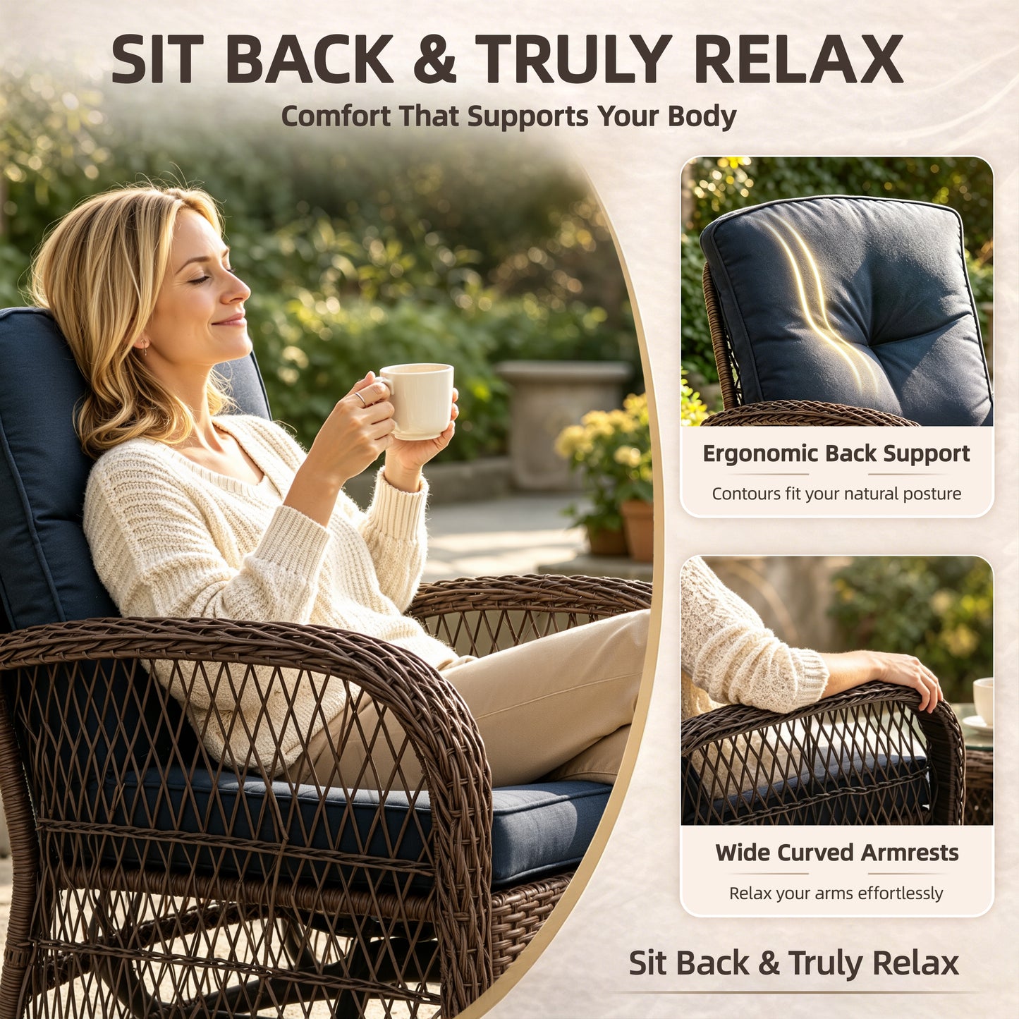 3 Piece Patio Swivel Rocker Chairs Set, 2 360-Degree Swivel Rocking Chairs with 1 Glass Top Table, PE Rattan Outdoor Bistro Set with Cushions for Balcony Deck Poolside Backyard Porch