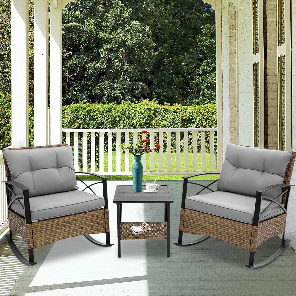 3 Piece Outdoor Rocking Bistro Set, PE Rattan Glass Top Table and Rocking Chairs Set, Outdoor Conversation Set with Cushions for 2 Persons, All-weather Bistro Set for Patio, Pool, Balcony, Pub, Cafe