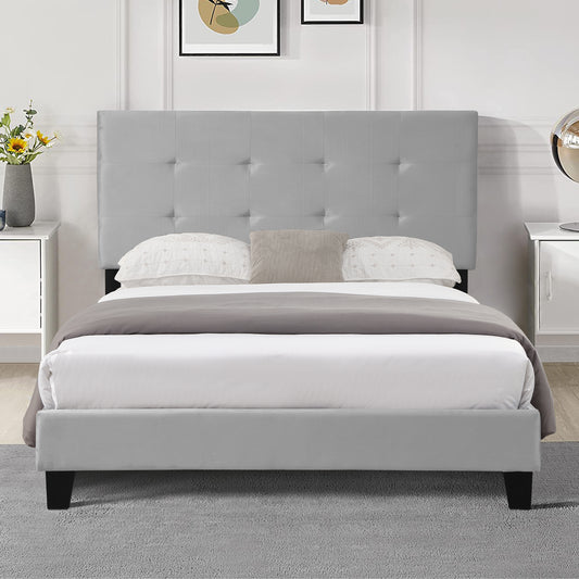 SYNGAR Full Bed Frame, New Upgrade Full Size Velvet Upholstered Platform Bed Frame with Elegant Headboard, Bedroom Furniture Wooden Frame Platform Bed Frame, No Box Spring Needed, Gray
