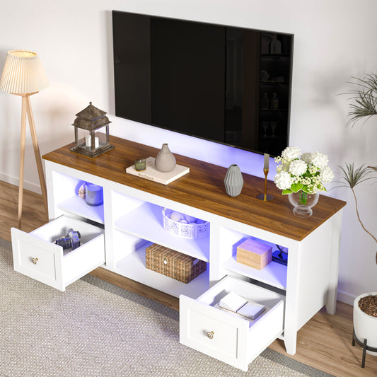 SYNGAR TV Stands for 60" TVs, Farmhouse TV Console with Remote Control LED Light, Wood TV Cabinet with Drawers and Adjustable Shelves, Entertainment Center, Vintage Handle, Anti-Skid Pad, White