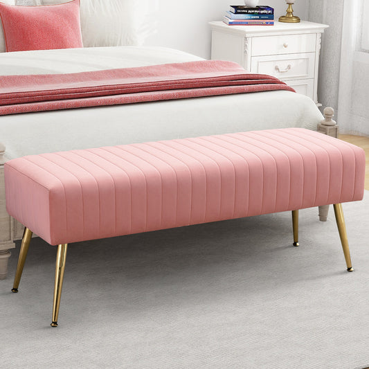 SYNGAR Entryway Bench, Velvet Upholstered Seat Footstool, Rectangular End of Bed Bench with Metal Legs, Ottoman Bench Seat for Bedroom Living Room Hallway, Modern Home Furniture Bed Bench, Pink