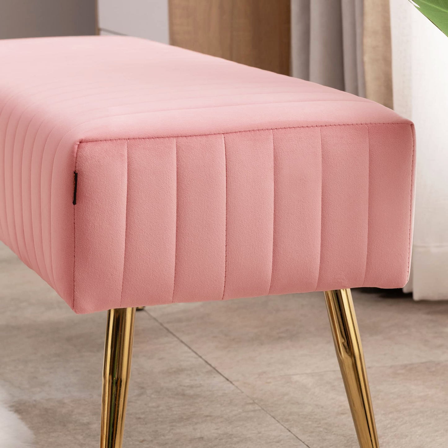 SYNGAR Entryway Bench, Velvet Upholstered Seat Footstool, Rectangular End of Bed Bench with Metal Legs, Ottoman Bench Seat for Bedroom Living Room Hallway, Modern Home Furniture Bed Bench, Pink