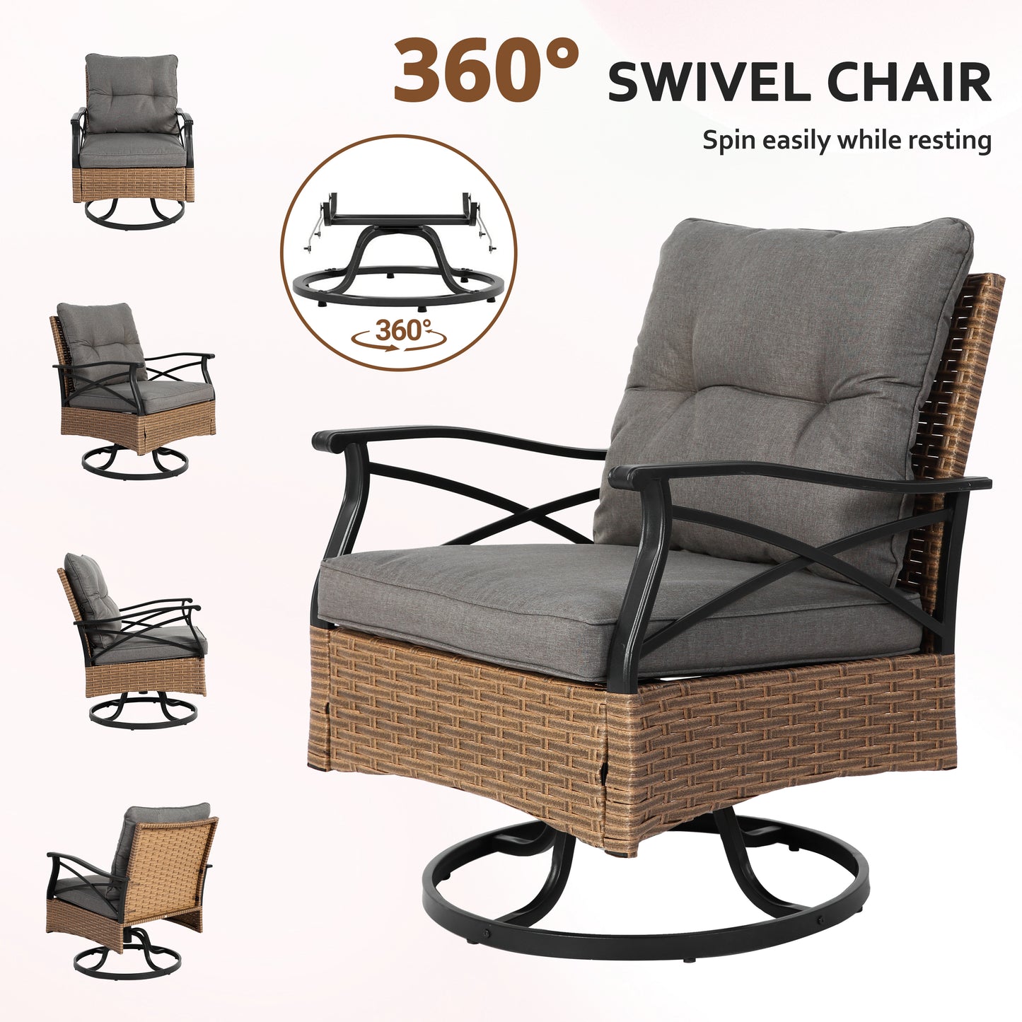 3 Piece Outdoor Bistro Swivel Chairs Set, Patio Bistro Set w/ 360° Swivel Rocking Chairs & Table, All-Weather Conversation Set with Metal Frame for Patio Backyard Porches or Garden - Khaki