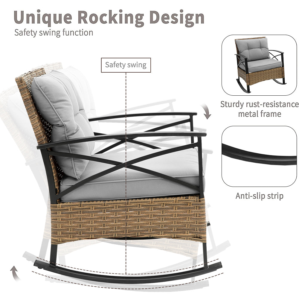 3 Piece Outdoor Rocking Bistro Set, PE Rattan Glass Top Table and Rocking Chairs Set, Outdoor Conversation Set with Cushions for 2 Persons, All-weather Bistro Set for Patio, Pool, Balcony, Pub, Cafe