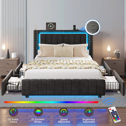 Full Bed Frame with Headboard and LED Lights, SYNGAR Platform Bed Base with 4 Storage Drawers and USB Port, Modern Platform Bed Frame No Box Spring Needed with Upholstered Headboard,Easy Assembly