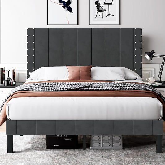 SYNGAR Full Bed Frame, New Upgrade Full Size Fabric Upholstered Platform Bed Frame with Elegant Headboard, Bedroom Furniture Wooden Frame Platform Bed Frame, No Box Spring Needed, Dark Gray
