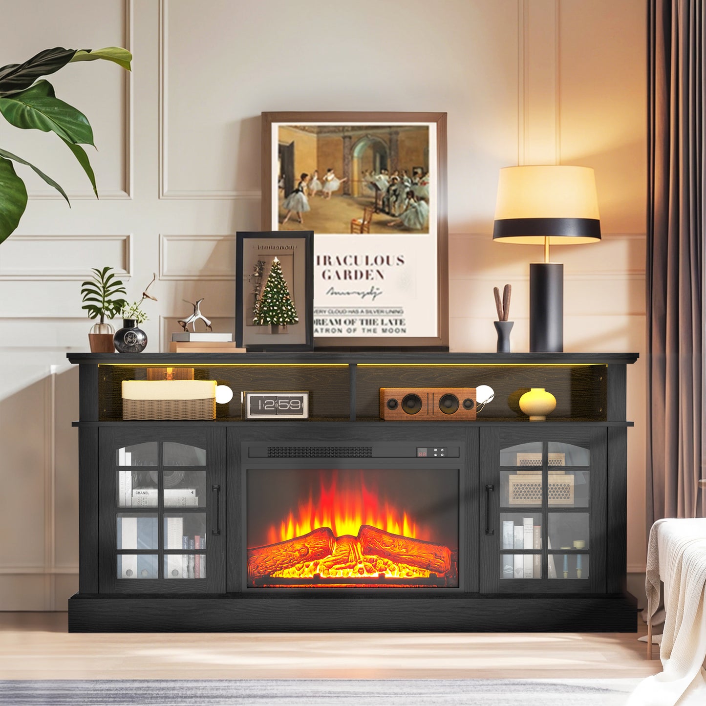 SYNGAR Fireplace Electric TV Stand for 65" TV with LED Light, Modern Entertainment Center With Remote Control Virtual Flame Fireplace, 2 Cabinet Storage, Glass Door, Storage Shelves,Black