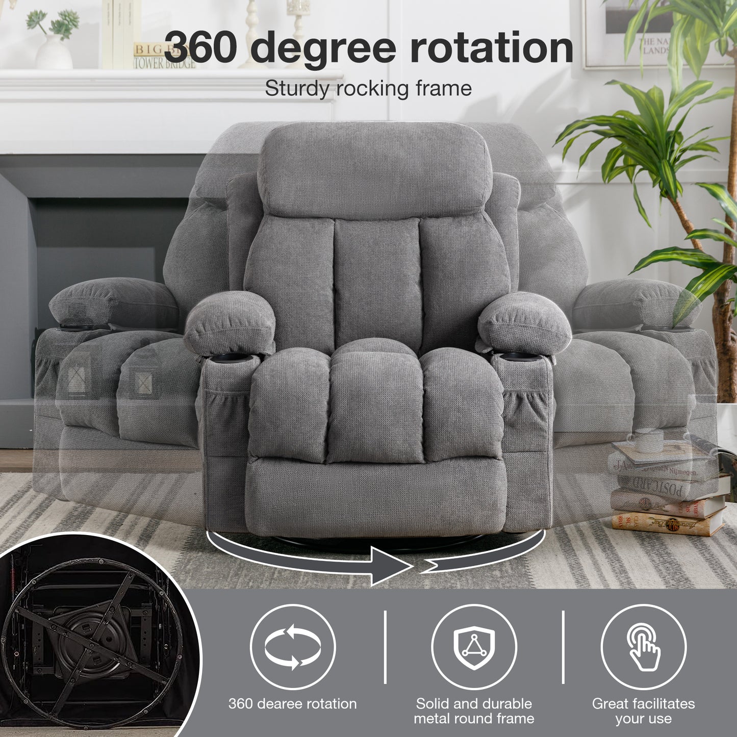 SYNGAR Recliner Chair for Elderly, Massage Chair with USB, Cup Holders and Side Pockets, Living Room Single Sofa Seat Nursery Swivel Rocker Sofa Lounge Chair, Heavy Duty Reclining Mechanism, Gray