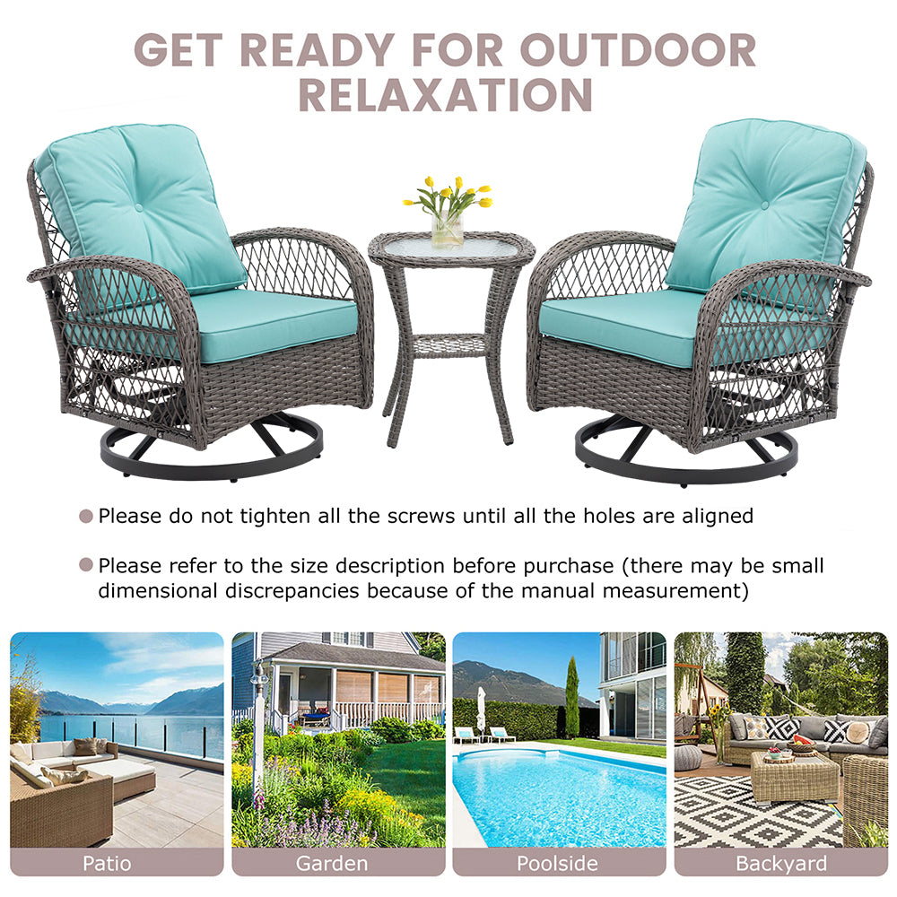3 Piece Patio Swivel Rocker Chairs Set, 2 360-Degree Swivel Rocking Chairs with 1 Glass Top Table, PE Rattan Outdoor Bistro Set with Cushions for Balcony Deck Poolside Backyard Porch