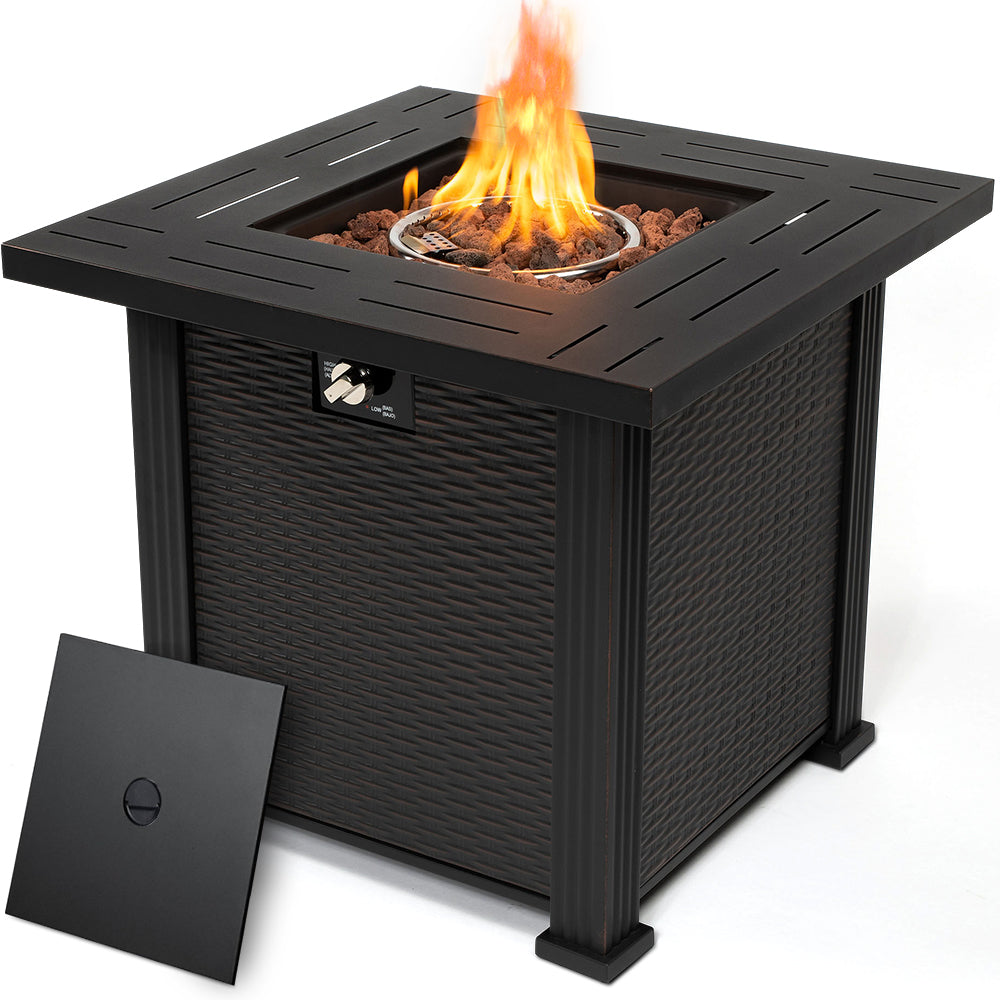 2-in-1 Propane Fire Pit Table, Outdoor Table with Fire Pit, 28" 40,000 BTU Auto-Ignition Gas Fire Pit Table with Lid & Lava Rock, Square Fire Table with Rattan Exterior for Yard Patio Garden