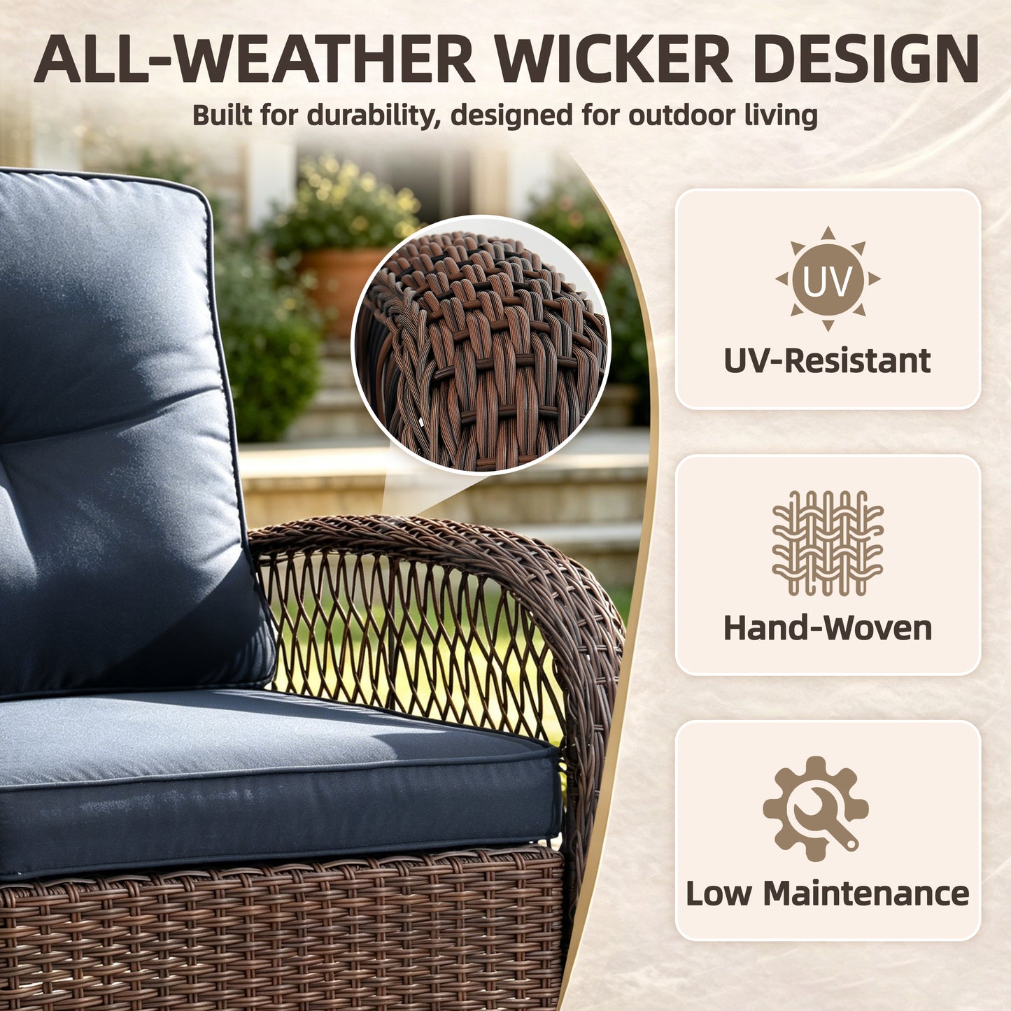 3 Piece Patio Swivel Rocker Chairs Set, 2 360-Degree Swivel Rocking Chairs with 1 Glass Top Table, PE Rattan Outdoor Bistro Set with Cushions for Balcony Deck Poolside Backyard Porch