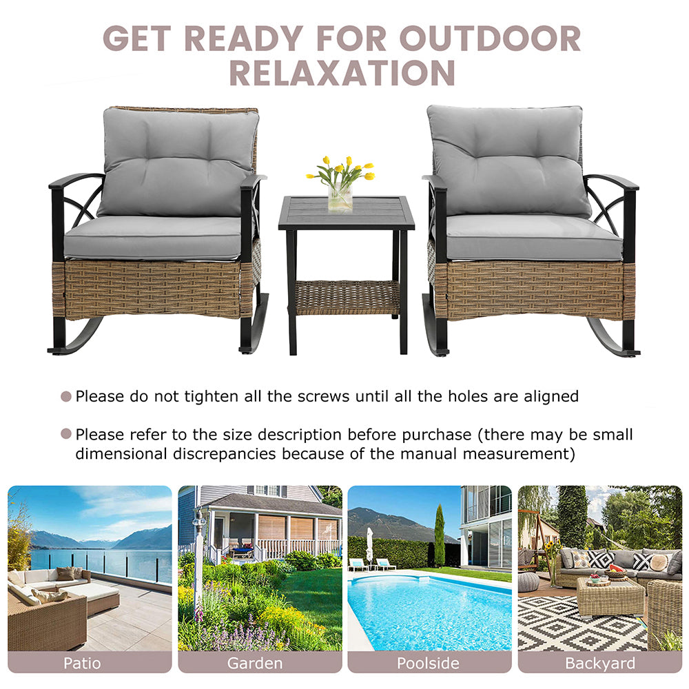 3 Piece Outdoor Rocking Bistro Set, PE Rattan Glass Top Table and Rocking Chairs Set, Outdoor Conversation Set with Cushions for 2 Persons, All-weather Bistro Set for Patio, Pool, Balcony, Pub, Cafe
