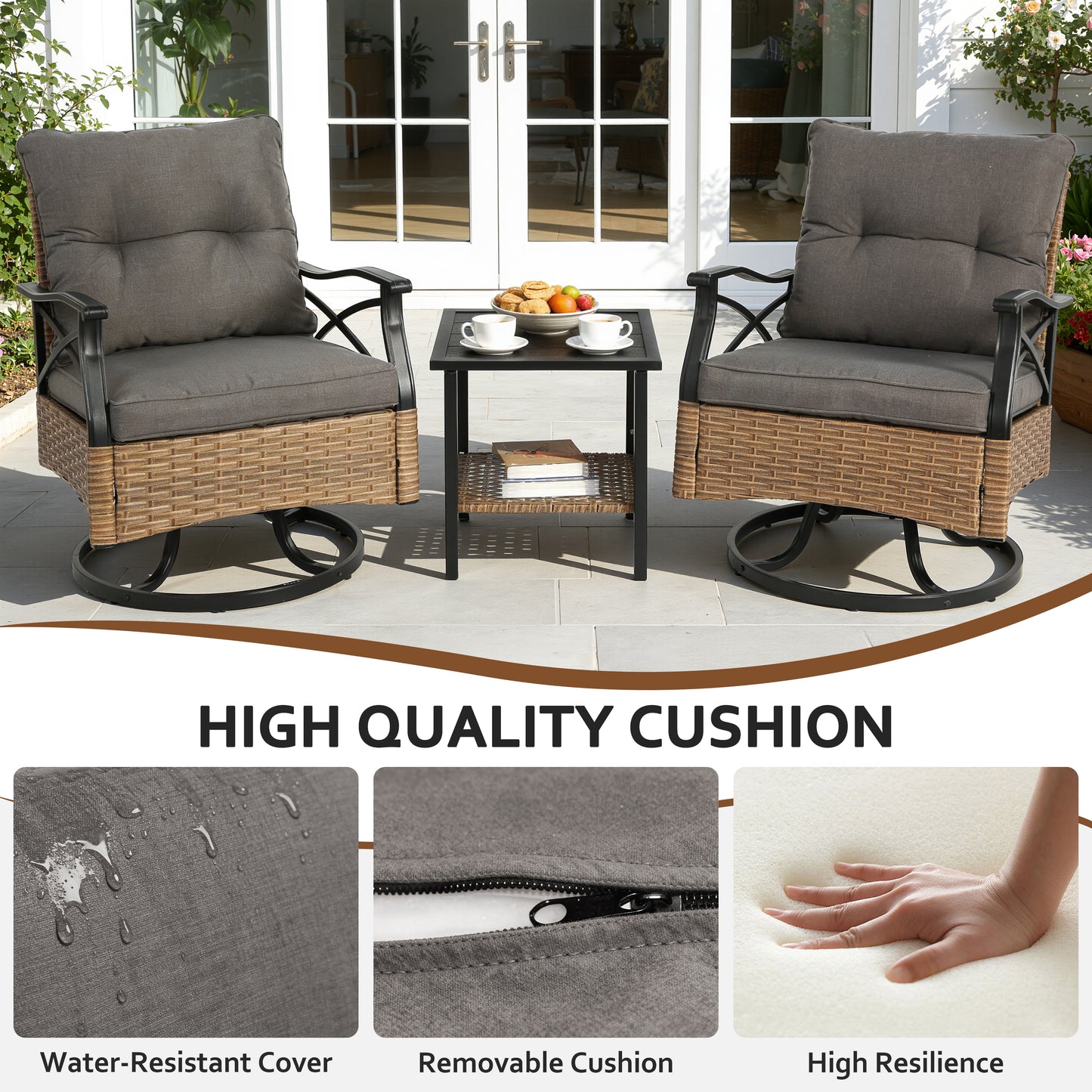 3 Piece Outdoor Bistro Swivel Chairs Set, Patio Bistro Set w/ 360° Swivel Rocking Chairs & Table, All-Weather Conversation Set with Metal Frame for Patio Backyard Porches or Garden - Khaki