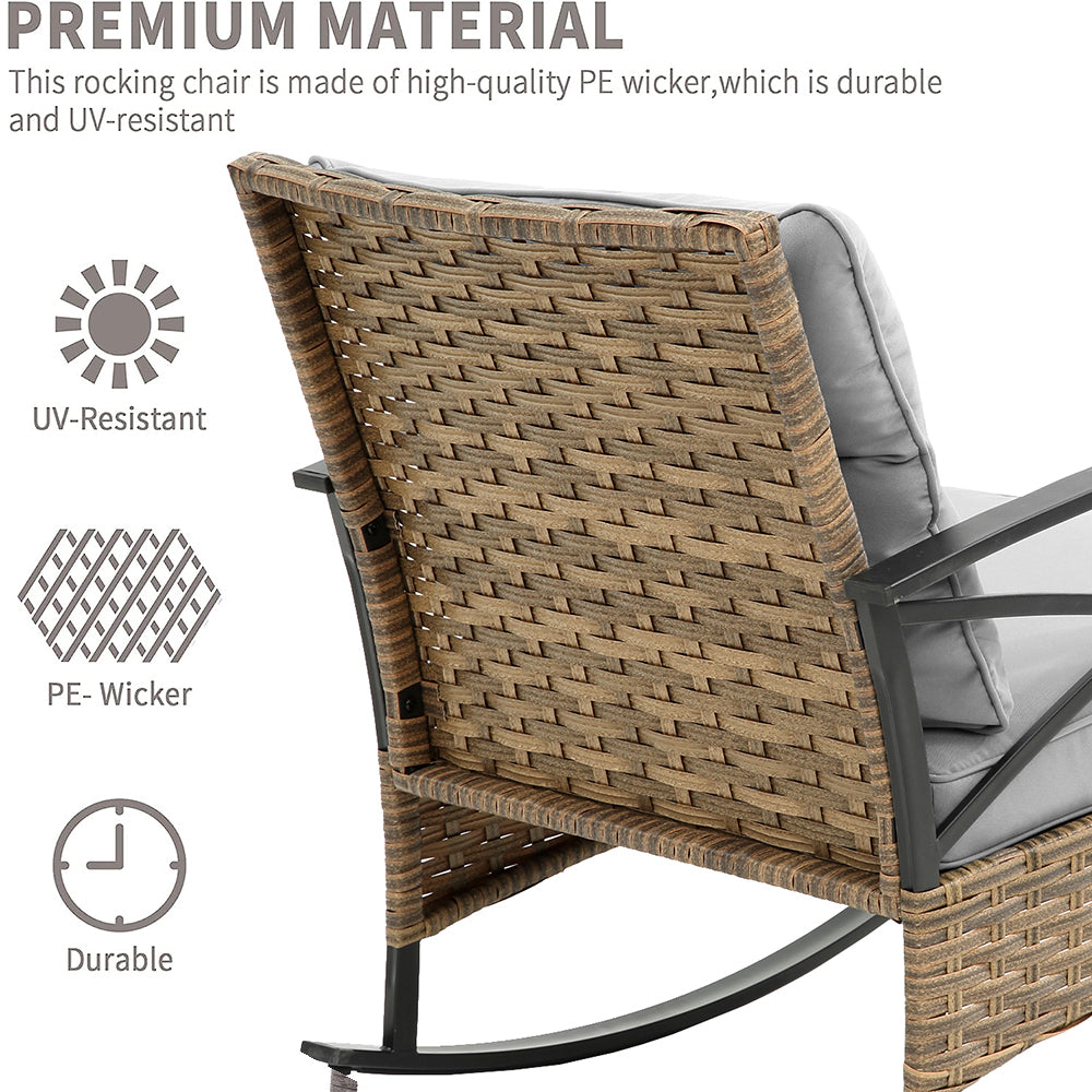 3 Piece Outdoor Rocking Bistro Set, PE Rattan Glass Top Table and Rocking Chairs Set, Outdoor Conversation Set with Cushions for 2 Persons, All-weather Bistro Set for Patio, Pool, Balcony, Pub, Cafe