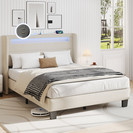 SYNGAR Full Bed Frame with LED Light Headboard, Modern Upholstered Platform Bed Frame with USB Port and Storage Headboard, Bedroom Furniture, No Box Spring Needed, Easy Assembly, Beige