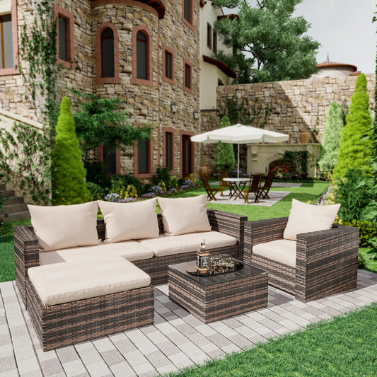 Rattan Patio Sofa Set, 4 Piece Outdoor Sectional Furniture Set, All-Weather PE Rattan Wicker Patio Conversation Set, Cushioned Sofa Set with Glass Table for Garden Pool Deck Porch, K2829