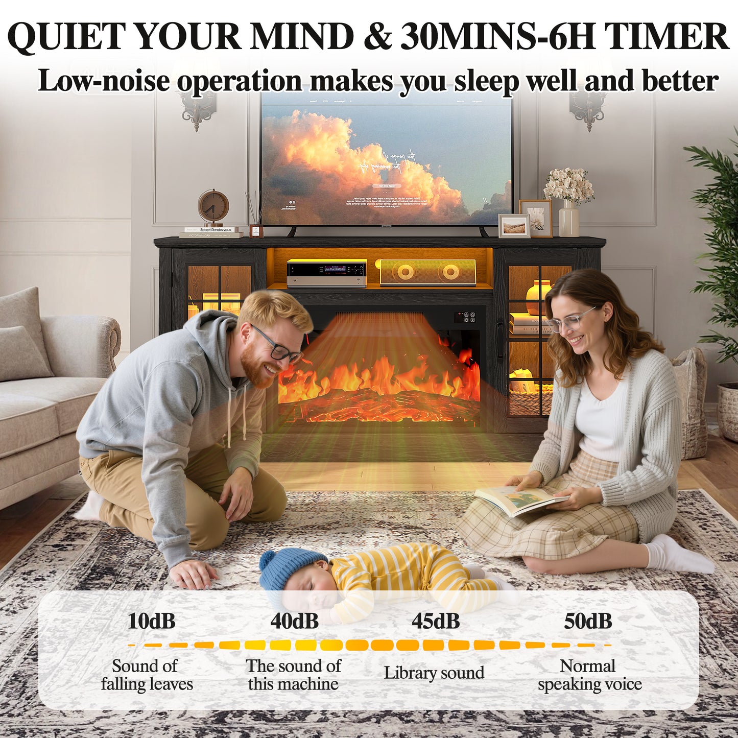 SYNGAR 63" Fireplace TV Stand for TVs up to 70" with 32" Electric Fireplace, Entertainment Center with LED, Modern Television Table Center With Remote Control for Living Room, Black