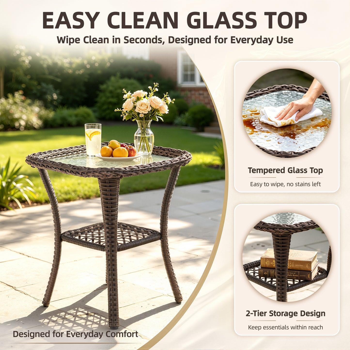 3 Piece Patio Swivel Rocker Chairs Set, 2 360-Degree Swivel Rocking Chairs with 1 Glass Top Table, PE Rattan Outdoor Bistro Set with Cushions for Balcony Deck Poolside Backyard Porch
