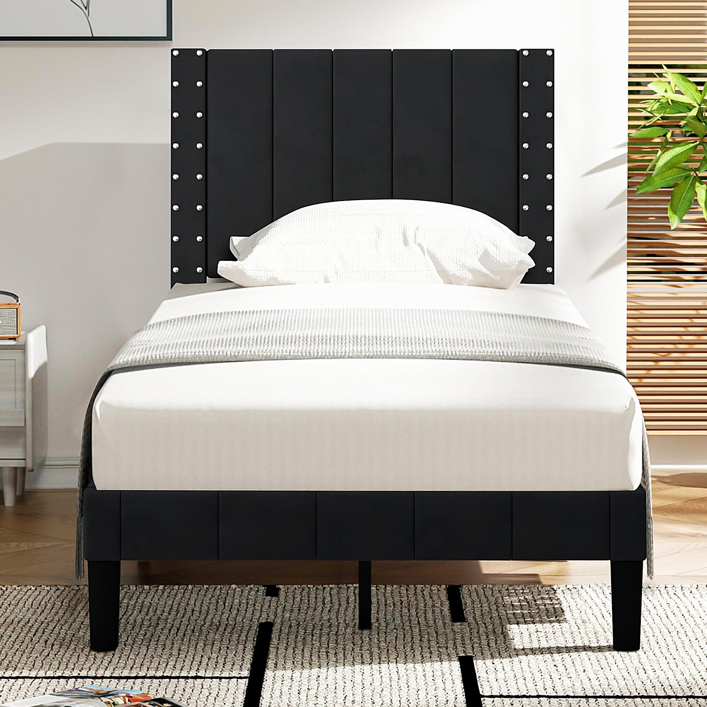 SYNGAR Twin Bed Frame, Twin Size Fabric Upholstered Platform Bed Frame with Headboard, Bedroom Furniture Metal Frame Platform Bed Frame, No Box Spring Needed, Black