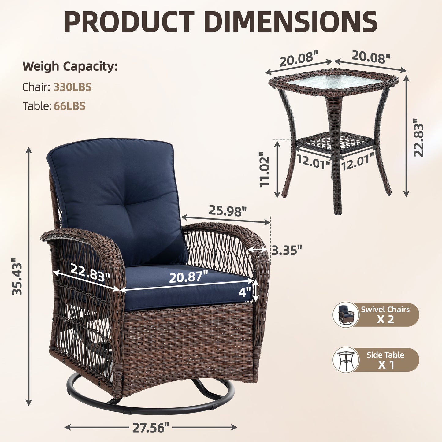 3 Piece Patio Swivel Rocker Chairs Set, 2 360-Degree Swivel Rocking Chairs with 1 Glass Top Table, PE Rattan Outdoor Bistro Set with Cushions for Balcony Deck Poolside Backyard Porch