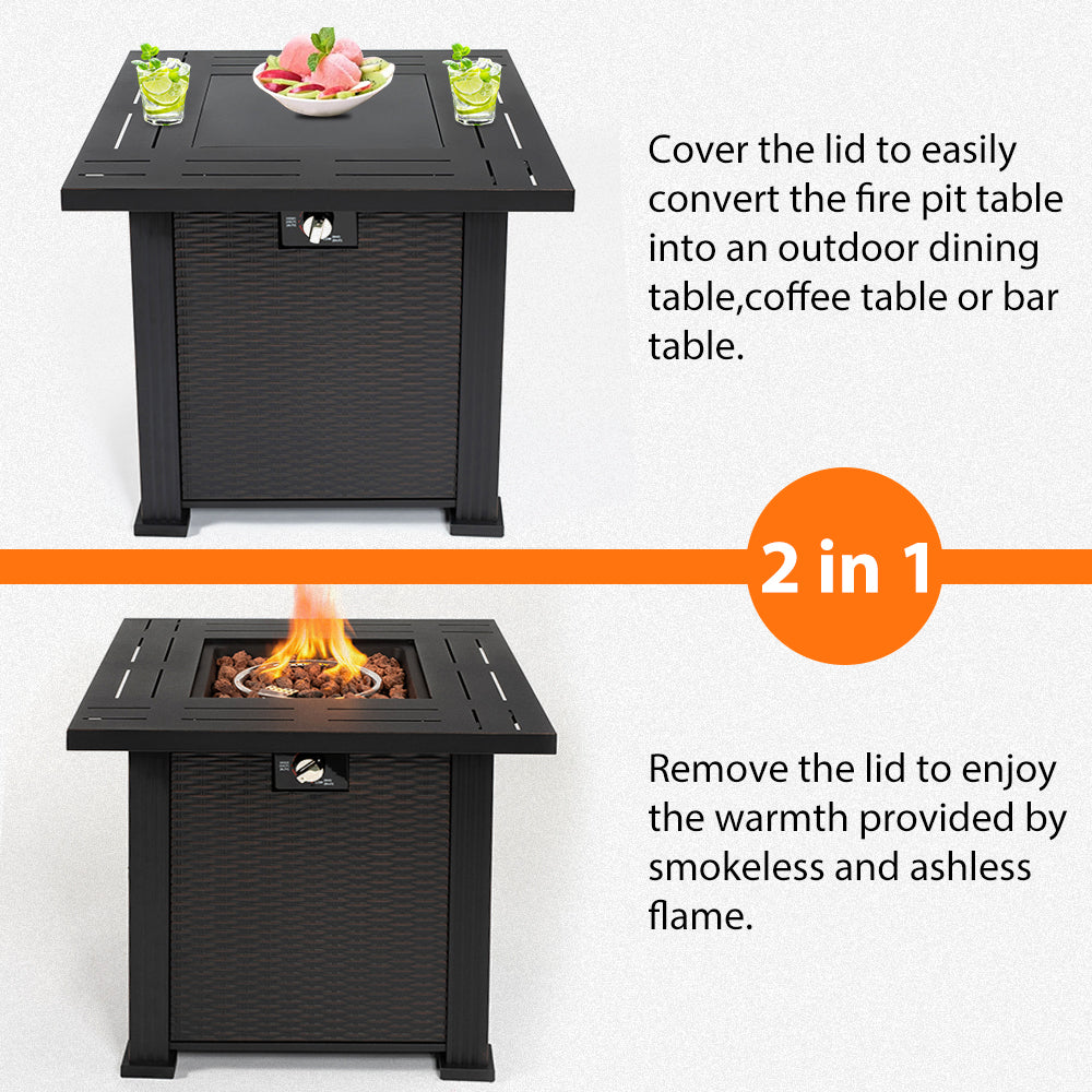 2-in-1 Propane Fire Pit Table, Outdoor Table with Fire Pit, 28" 40,000 BTU Auto-Ignition Gas Fire Pit Table with Lid & Lava Rock, Square Fire Table with Rattan Exterior for Yard Patio Garden