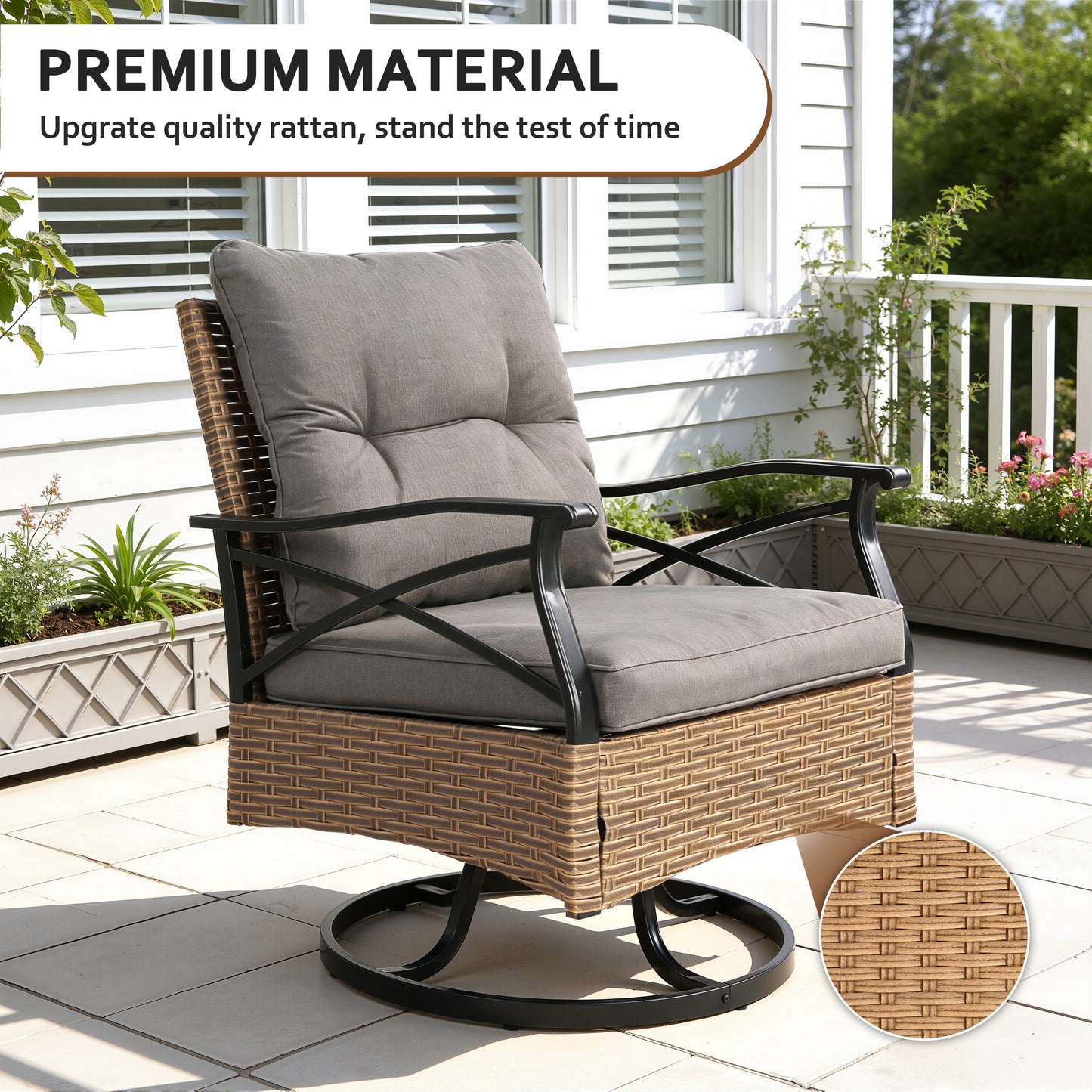 3 Piece Outdoor Bistro Swivel Chairs Set, Patio Bistro Set w/ 360° Swivel Rocking Chairs & Table, All-Weather Conversation Set with Metal Frame for Patio Backyard Porches or Garden - Khaki