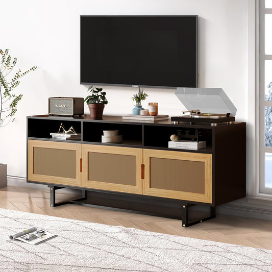 SYNGAR TV Console for 75" Inches TV, Modern TV Cabinet With 3 Rattan Doors and Wood Leg, Wood Entertainment Center with Storage Cabinet and Shelves, TV & Media Furniture, Espresso