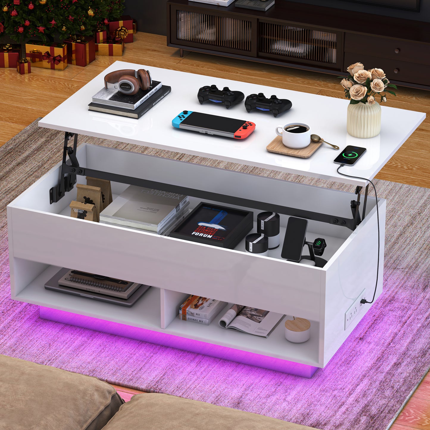 SYNGAR Lift Top Coffee Table for Living Room, Large Hidden Storage Lift Top Coffee Table with LED Light and Charging Station, Modern Coffee Table with Open Storage Shelves, Black