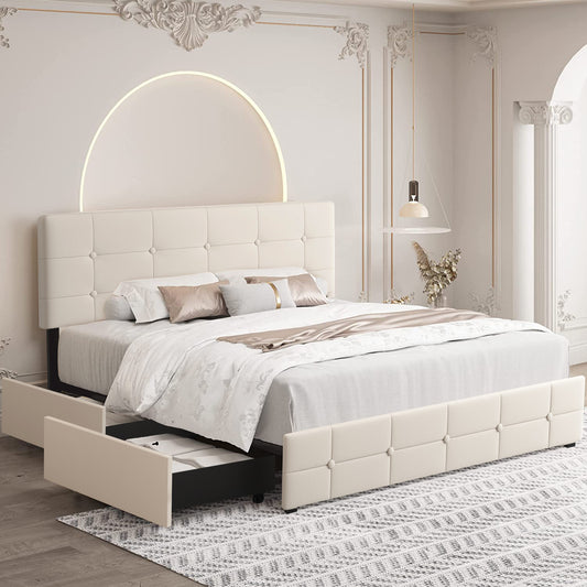 SYNGAR Storage Upholstered Queen Platform Bed Frame with 4 Drawers, Queen Size Storage Bed with Button Tufted Headboard, Metal Mattress Foundation with Strong Slats, No Box Spring Needed, Beige