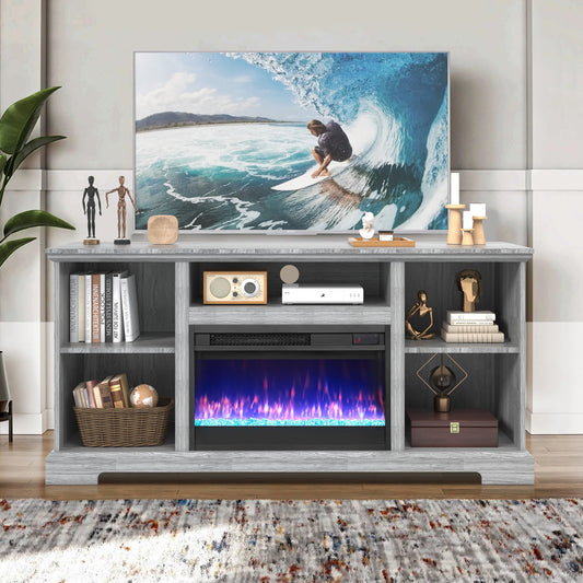 SYNGAR Electric Fireplace TV Stand for 65" TV, Wood Entertainment Center With Fireplace for Living Room, Modern TV Console with Storage Shelves and Glass Doors, Media Console, TV Cabinet, Espresso