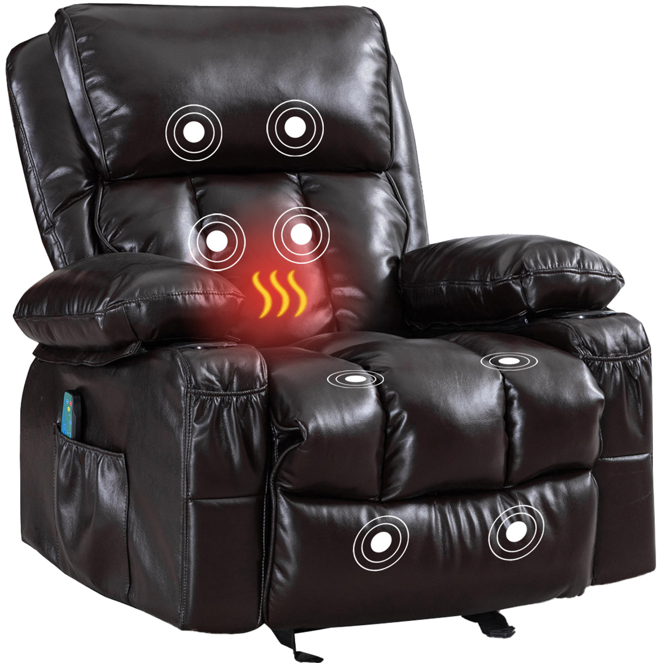 SYNGAR Manual Recliner Chair with Heat and Vibration Massage, Faux Leather Elderly Single Reclining Rocker Sofa with USB Charge Port, Cup Holders and Side Pocket for Bedroom Home Theater, Black