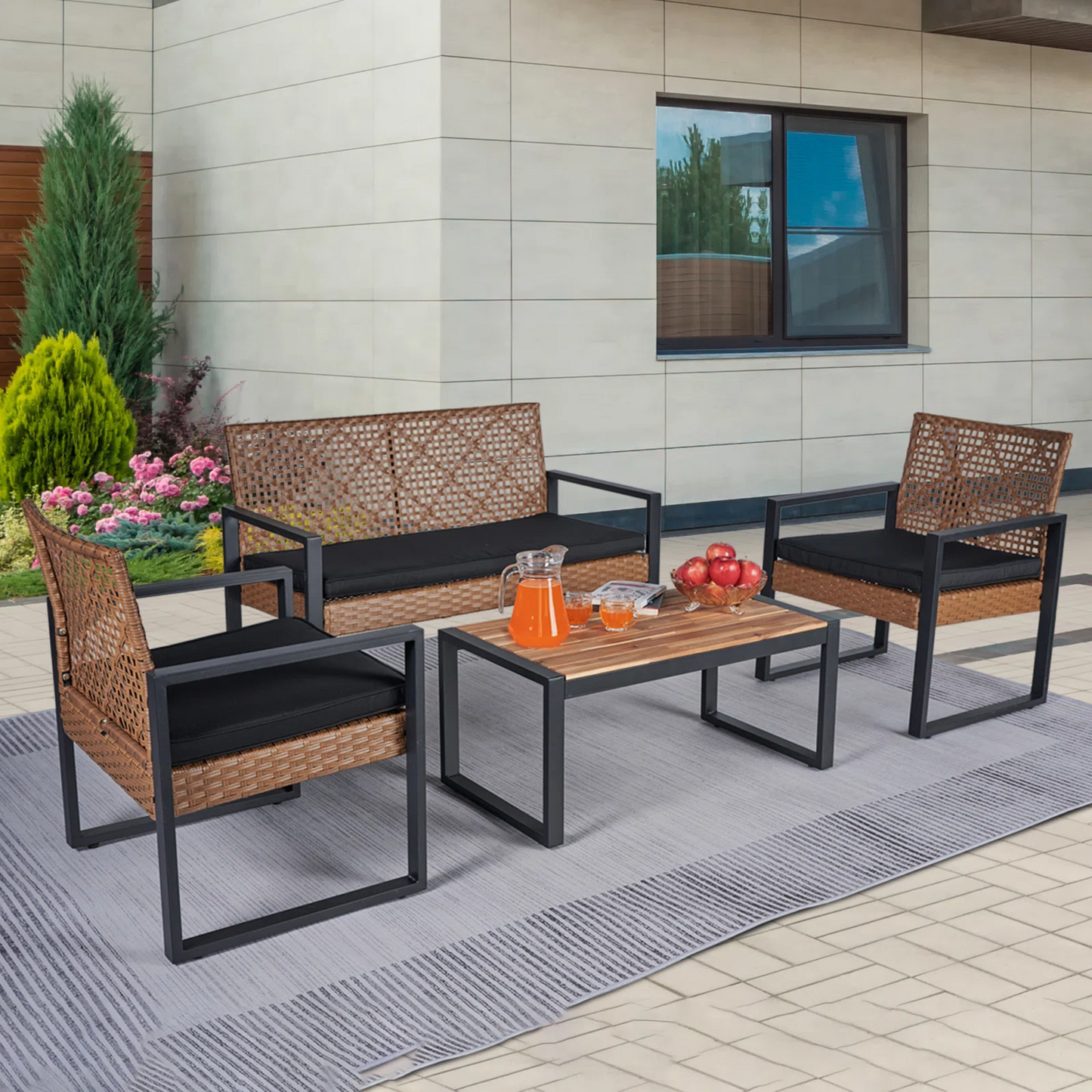 Patio Furniture Sets on sale, Rattan Sectional Outdoor Furniture for 4, Bold Steel Frame Conversation Sofa Set with Table & 2''T Cushions, Max Weight 700LBS