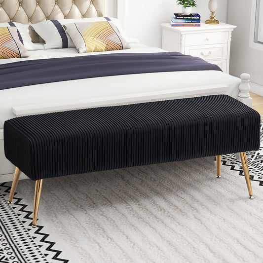 SYNGAR Upholstered Bench, Mid Century Modern Rectangular Footrest for Bedroom Entryway Channel, Velvet Fabric Bench for Bedroom End of Bed, Entryway Ottoman Bench with Gold Metal Legs, Black