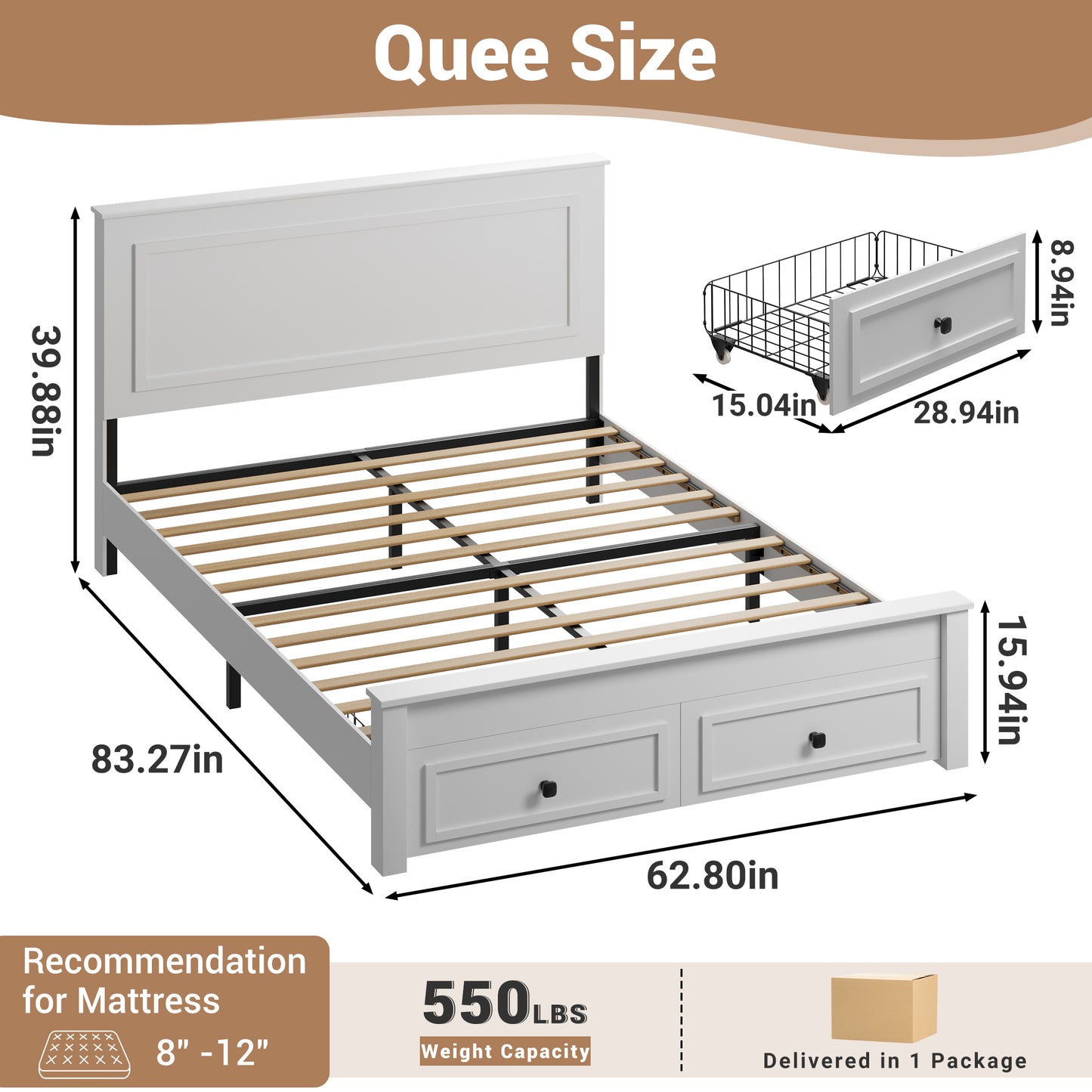 SYNGAR Queen Bed Frame with Storage, Queen Size Platform Bed with 2 Drawers, Wooden Bed Frame with Headboard, Heavy Duty Wood Support, No Box Spring, Farmhouse White Bed