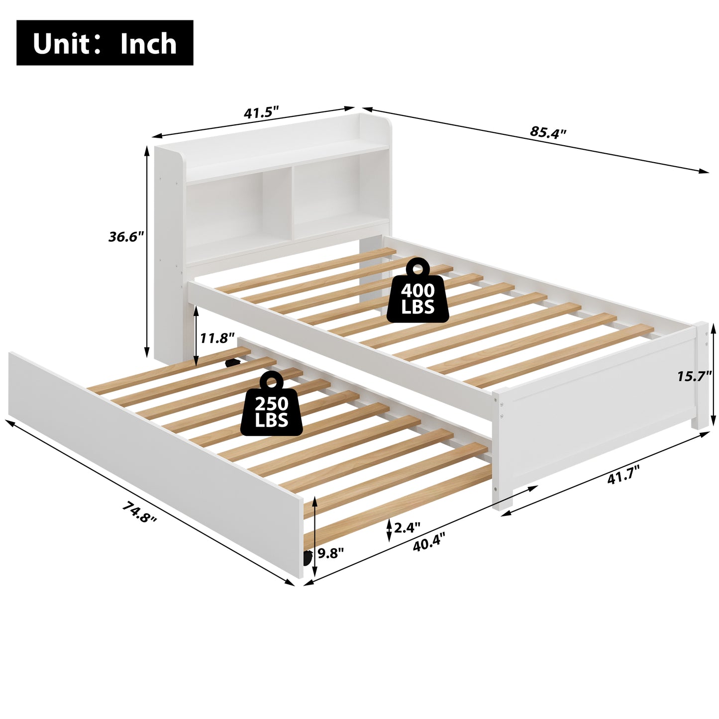 SYNGAR Twin Bed Frame with Trundle and Storage Bookcase, Modern Kids Platform Bed Frame with Pull Out Trundle, Solid Wood Trundle Bed with Headboard and Footboard, No Box Spring Needed, White