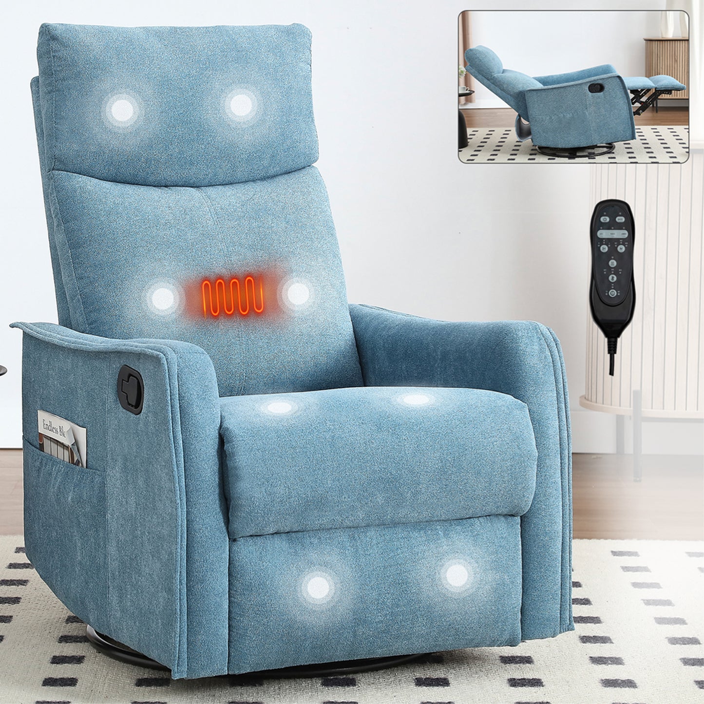 SYNGAR Swivel Rocker Recliner Chair for Living Room, Manual Reclining Chair with Heat and Massage Function, Fabric Single Rocking Sofa with Side Pocket for Home Theater, Gray