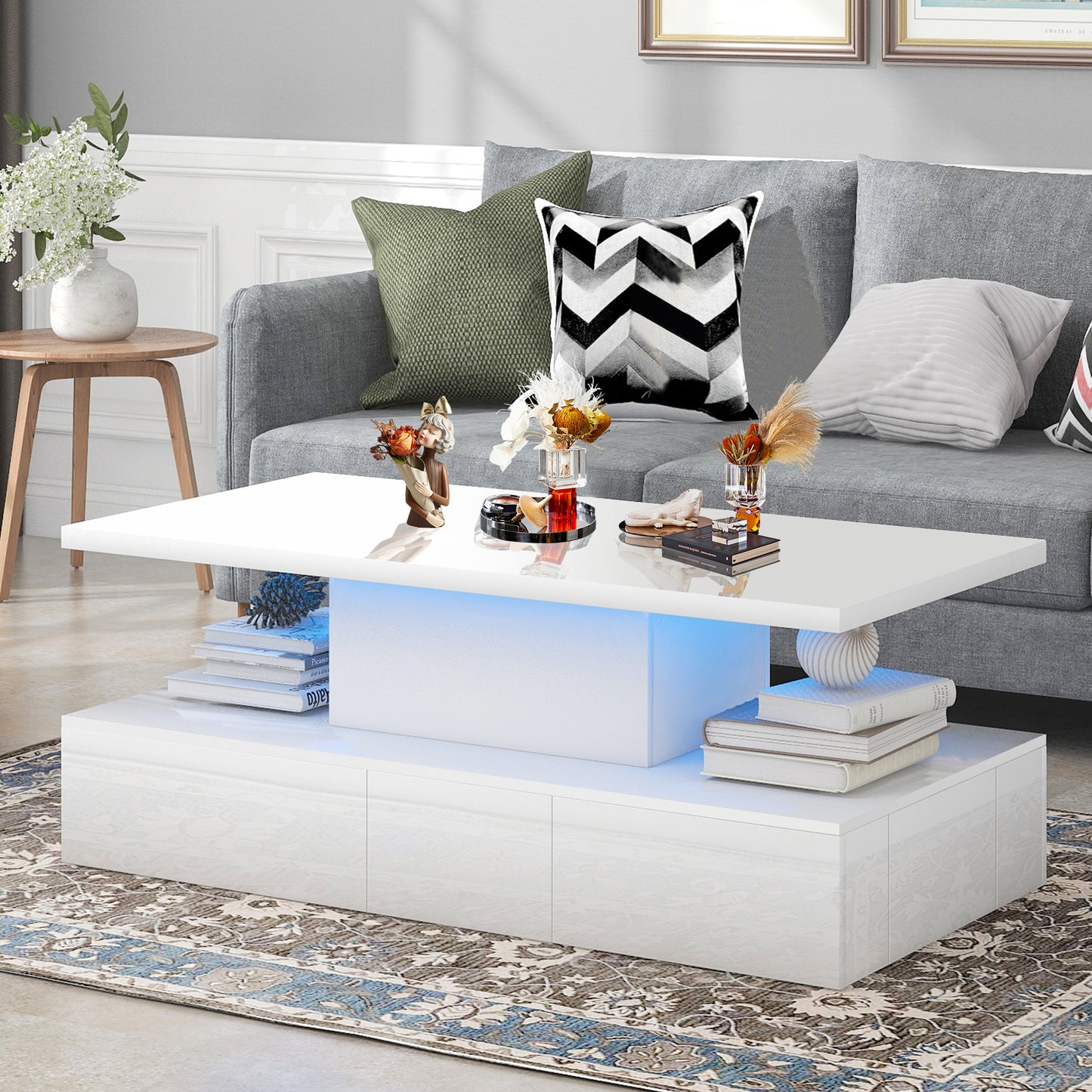 SYNGAR LED Coffee Table with 4 Storage Sliding Drawers and Open Shelves, Modern High Glossy Center Table Rectangular with Multiple Colors LED Lights for Living Room Bedroom, Easy Assembly, White