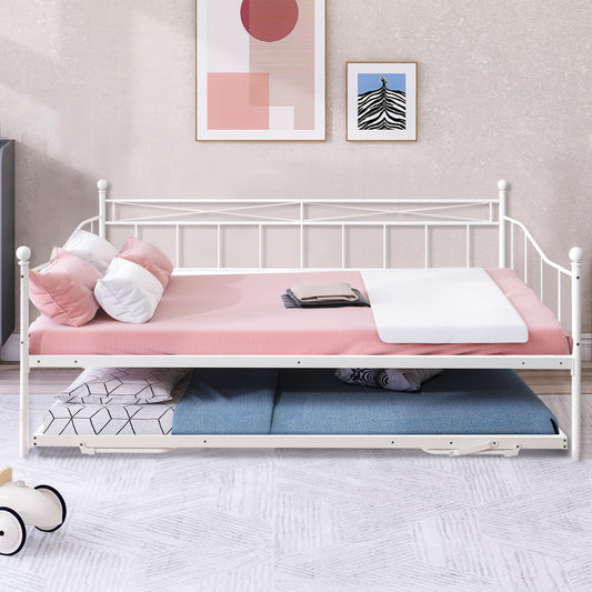 SYNGAR Metal Twin Size Daybed with Roll-Out Trundle, Multifunctional Platform Portable Folding Trundle Bed Frame, Mattress Foundation/Children Bed Sofa for Guest Living Room, White