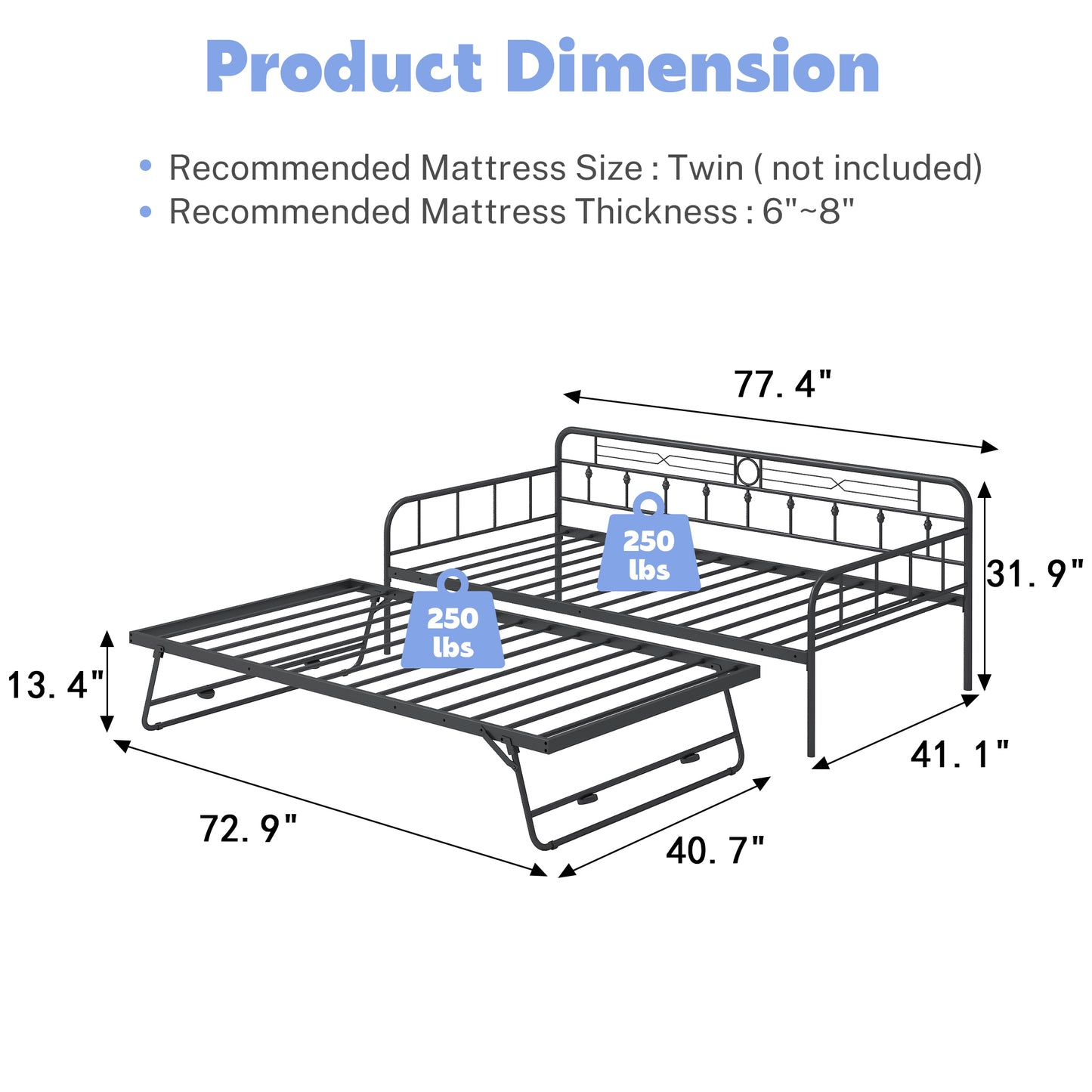 SYNGAR Daybed with Trundle, Twin Size Metal Daybed with Pop Up Trundle, Sofa Bed Day Beds Frame, Bedroom Living Room Furniture for Kids Boys Girls Adults Guest, Black