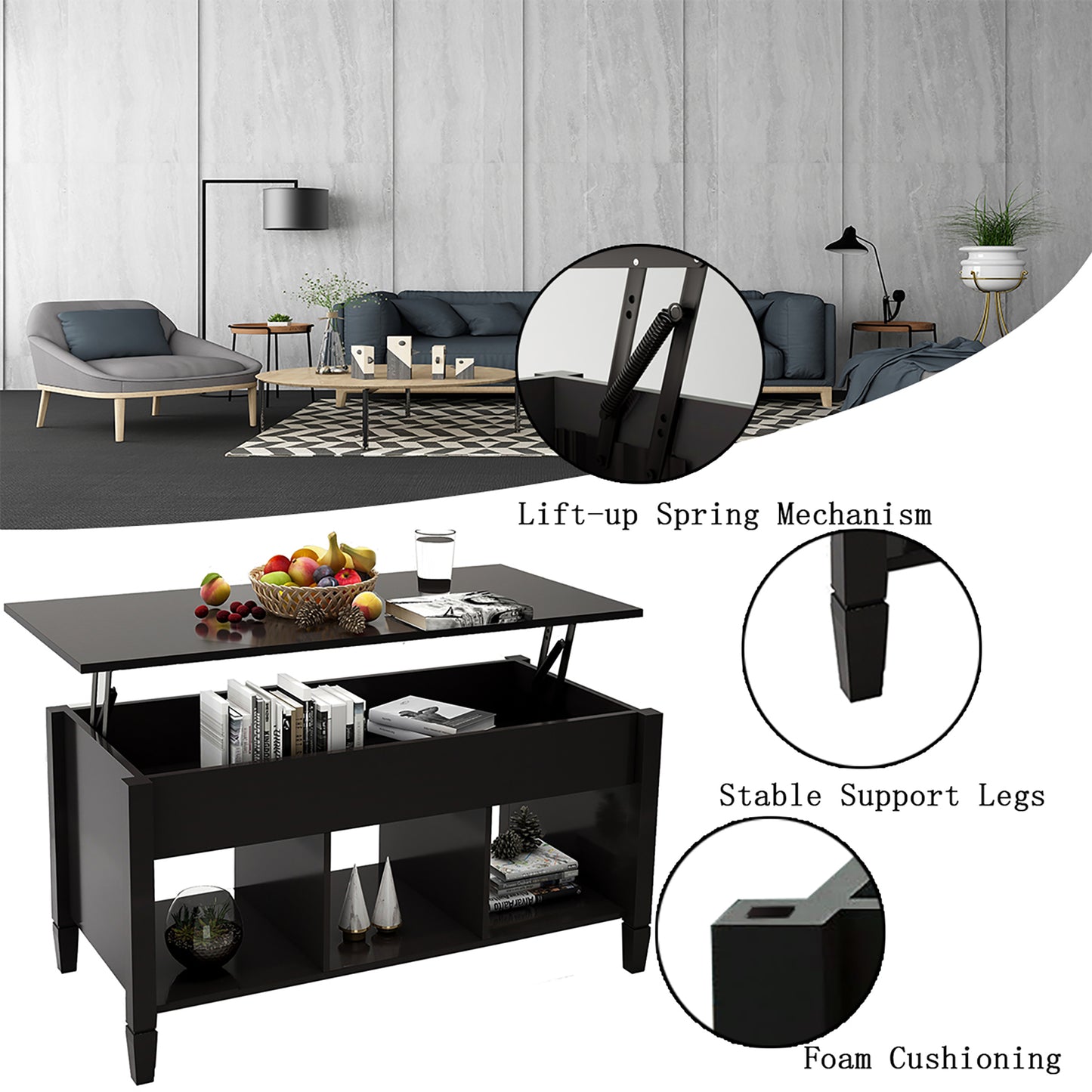 SYNGAR Lift Top Coffee Table, Modern 24" Coffee Tables for Living Room with Hidden Storage and Storage Shelves, Wood Lift Coffee Table, Wood Leg with Sponge Mat, Easy Assembly, Black