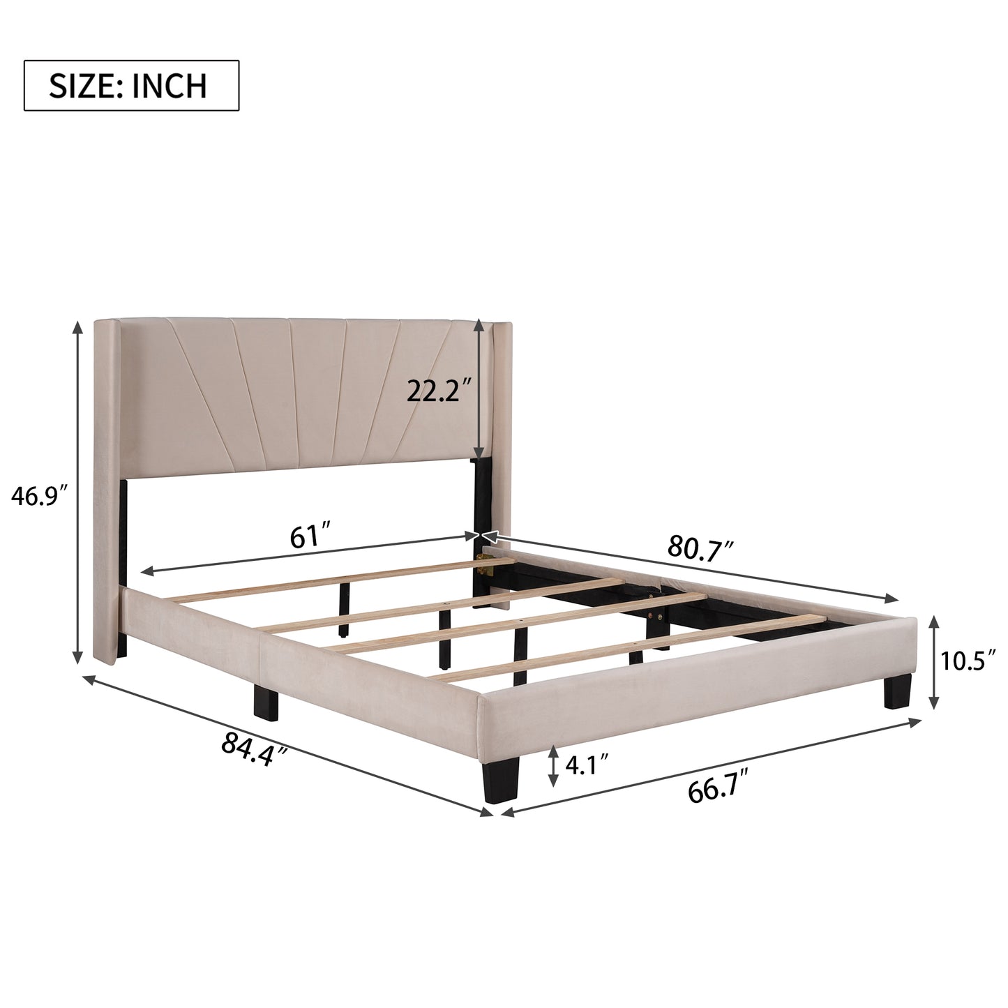 SYNGAR Velvet Upholstered Platform Bed Frame with Headboard, Queen Size Bed for Kids Teens Adults, Box Spring Needed, 500LBS Load Capacity, Beige