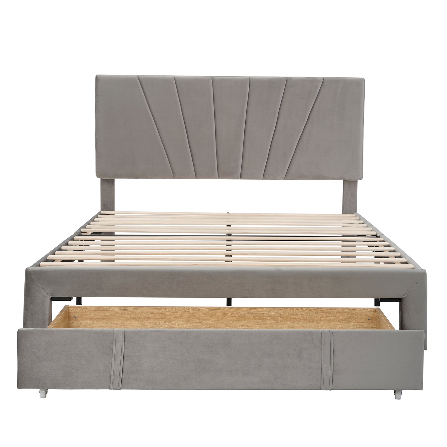 SYNGAR Queen Size Fully Velvet Upholstered Platform Bed Frame with Headboard and Big Storage Drawer, Strong Mattress Foundation Queen Bed Frames for Kids Teens Adults, No Box Spring Needed, Gray