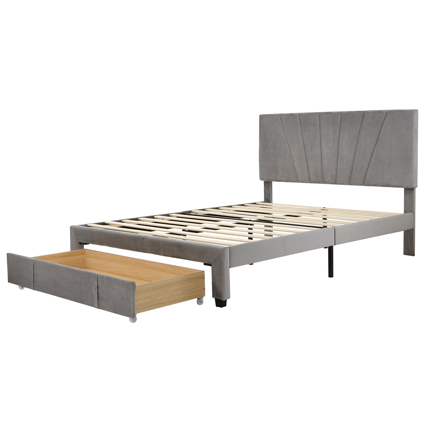 SYNGAR Queen Size Fully Velvet Upholstered Platform Bed Frame with Headboard and Big Storage Drawer, Strong Mattress Foundation Queen Bed Frames for Kids Teens Adults, No Box Spring Needed, Gray