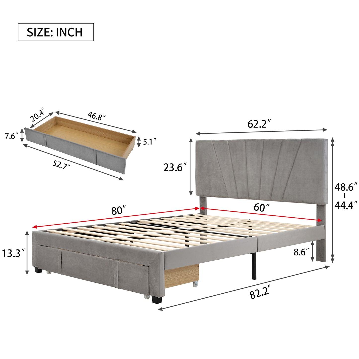 SYNGAR Queen Size Fully Velvet Upholstered Platform Bed Frame with Headboard and Big Storage Drawer, Strong Mattress Foundation Queen Bed Frames for Kids Teens Adults, No Box Spring Needed, Gray