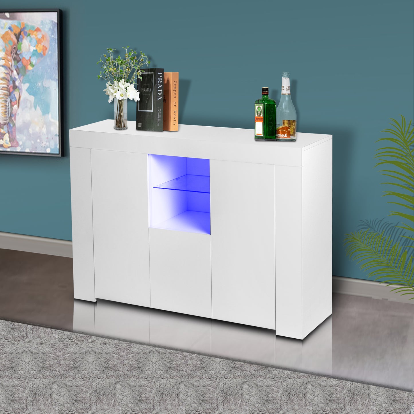 White Buffet Table, Modern Storage Cabinet, High Gloss Console Table with 16 Colors LED Lights/Drawer, Credenzas & Sideboards for Living Room/Dining Room/Kitchen/Entryway, Console Table